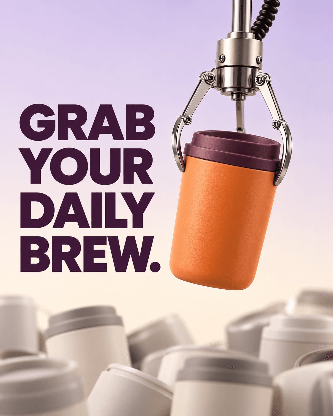 Claw Machine Coffee Tumbler Ad, AI image made from the prompt