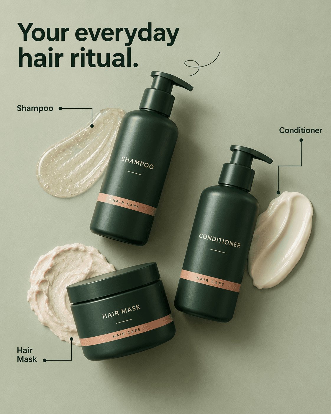 Hair Care Bottles Flat Lay Ad, AI image made from the prompt