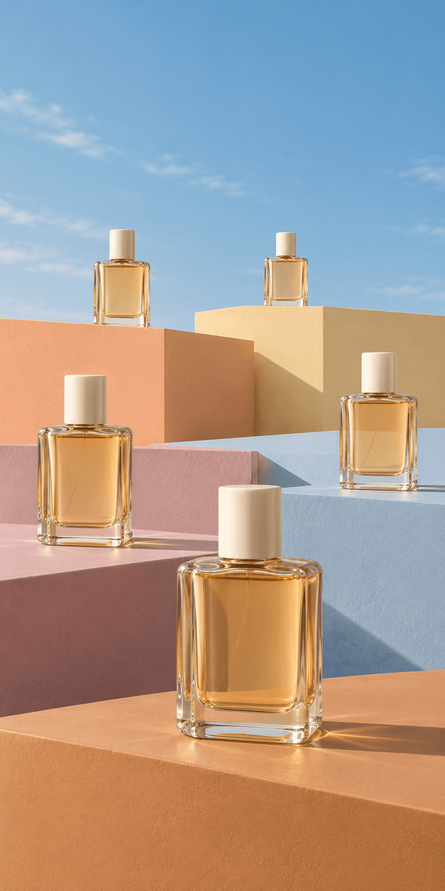 Perfume Bottles on Pastel Steps, AI image made from the prompt
