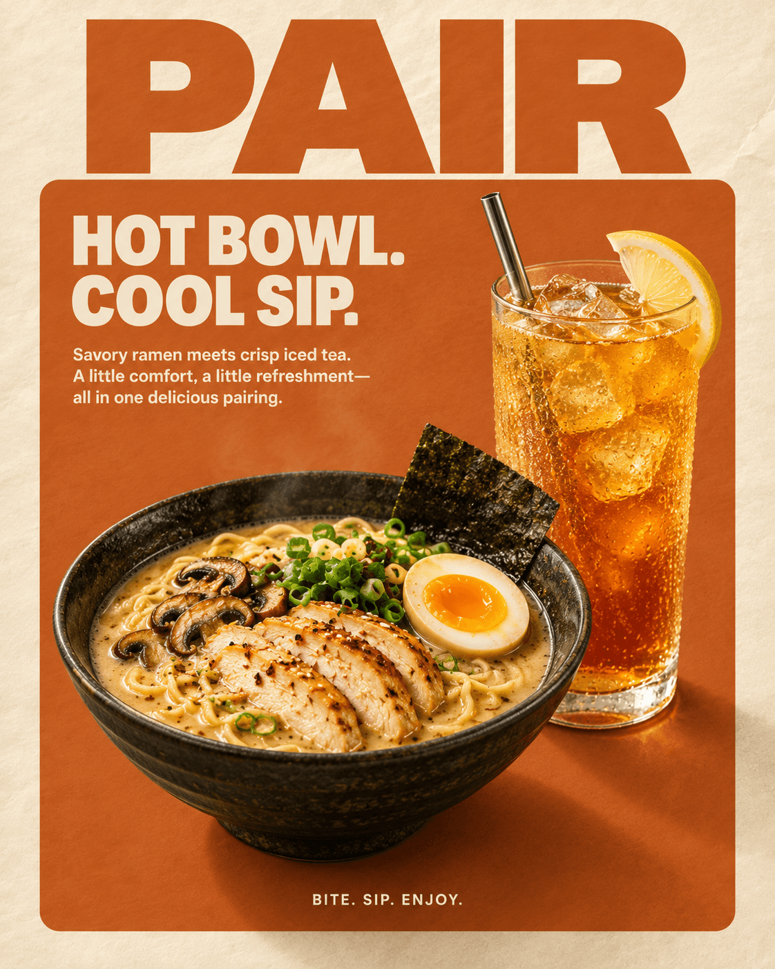 Ramen & Iced Tea Combo Ad, AI image made from the prompt
