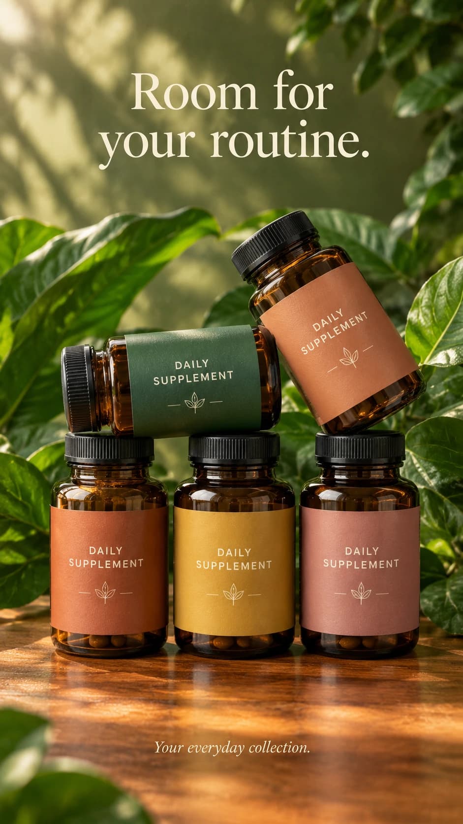 Supplement Bottles in Plants Ad, AI image made from the prompt