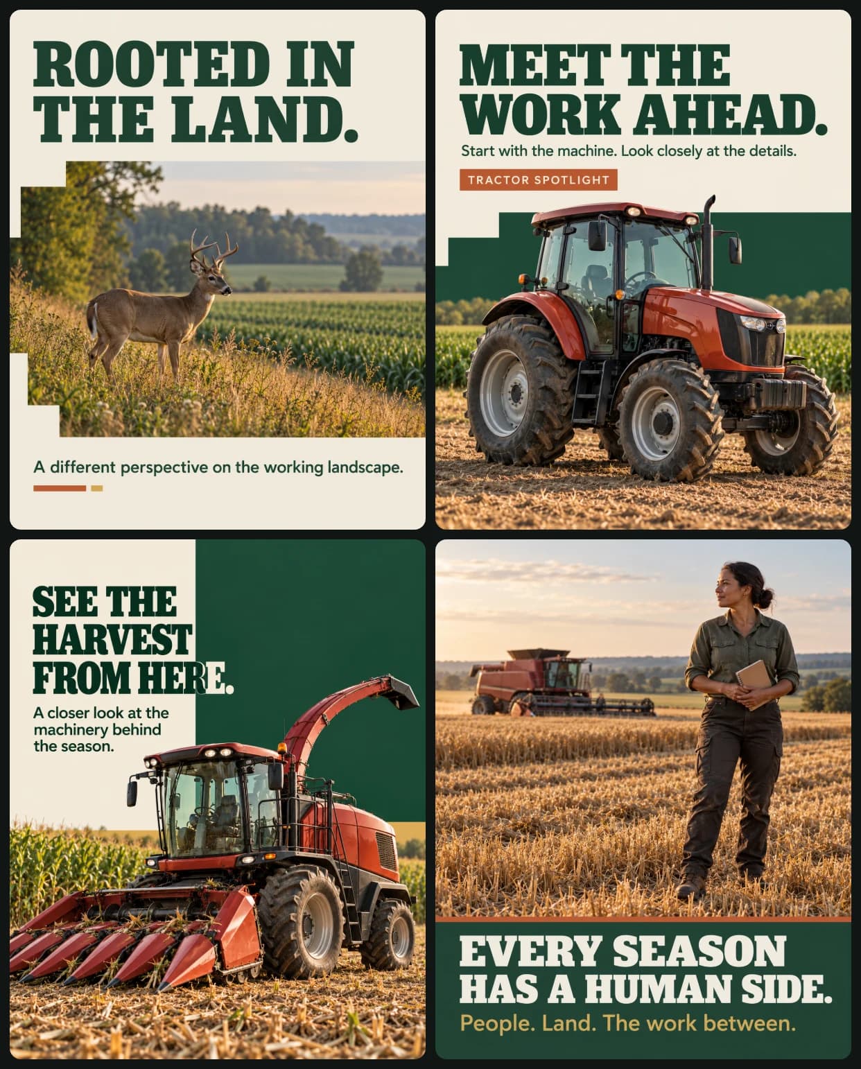 AI image: Create a coordinated four-image agricultural machinery and lifestyle campaign.

CREATIVE OBJECTIVE
P