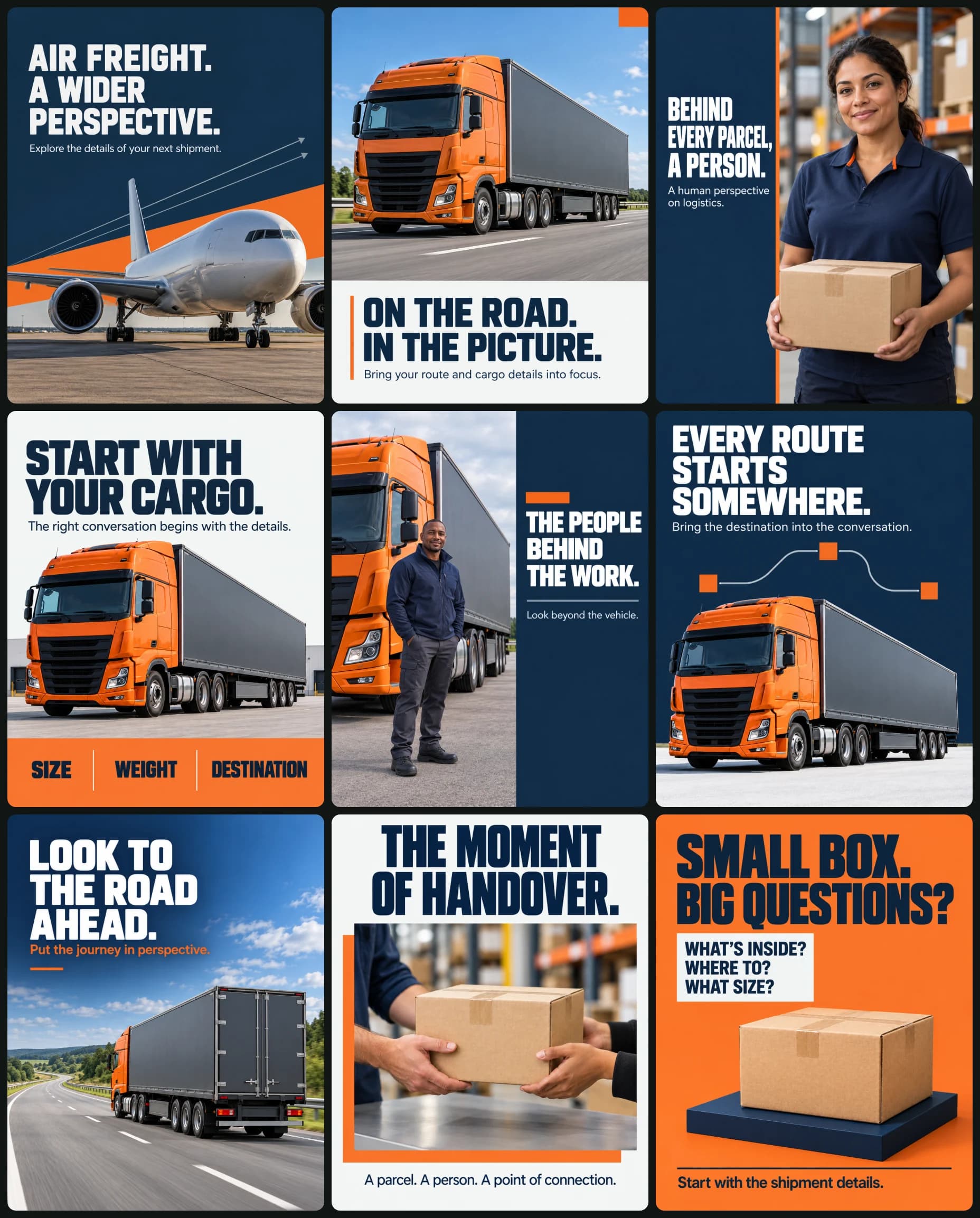 AI image: Create a coordinated nine-image logistics and transport social media campaign.

CREATIVE OBJECTIVE
P