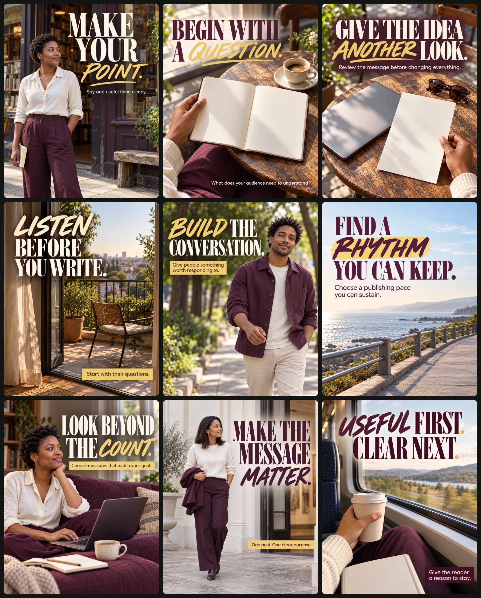 AI image: Create a coordinated nine-image content-marketing editorial campaign.

CREATIVE OBJECTIVE
Preserve t