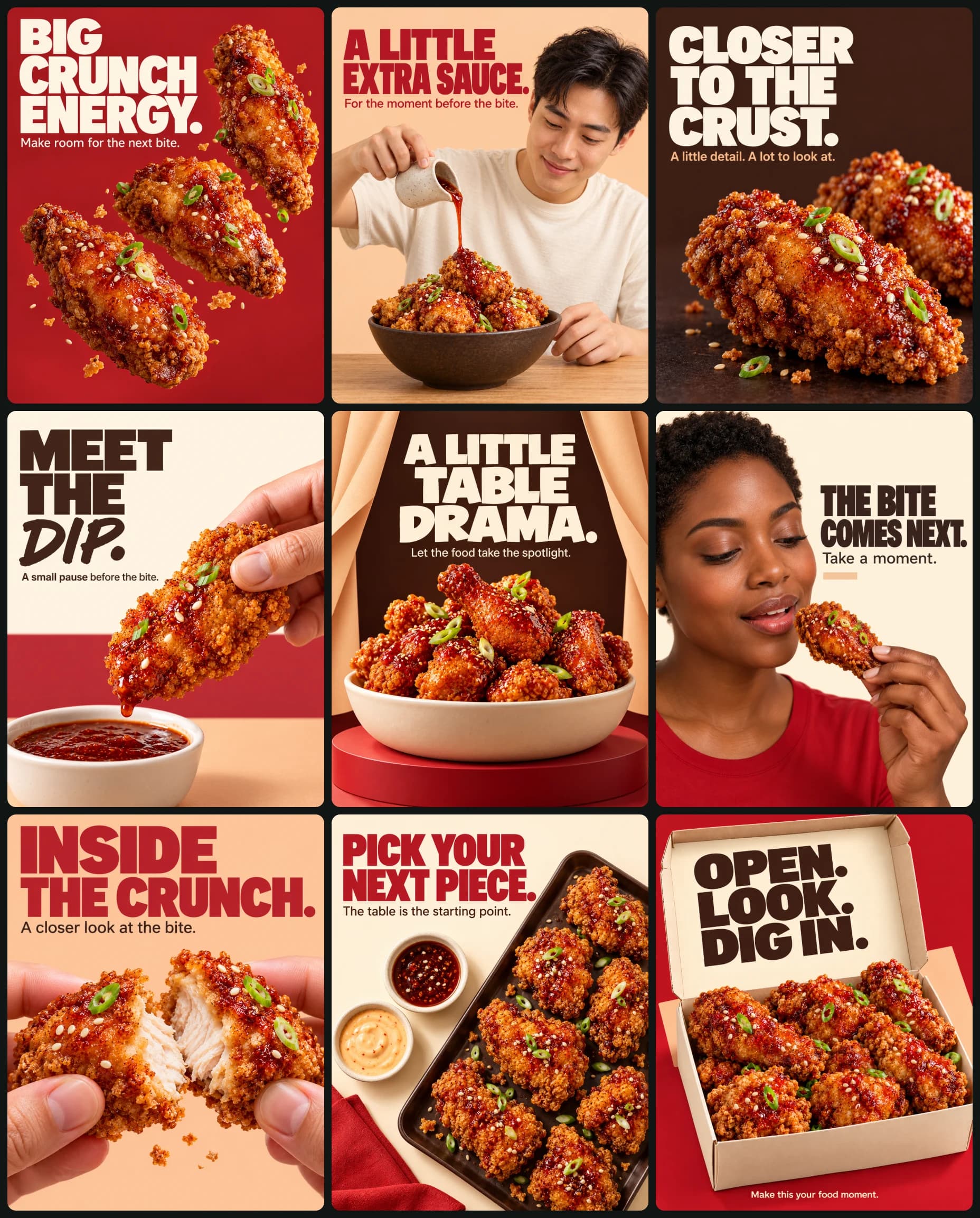 AI image: Create a coordinated nine-image fried-chicken social media campaign.

CREATIVE OBJECTIVE
Preserve th
