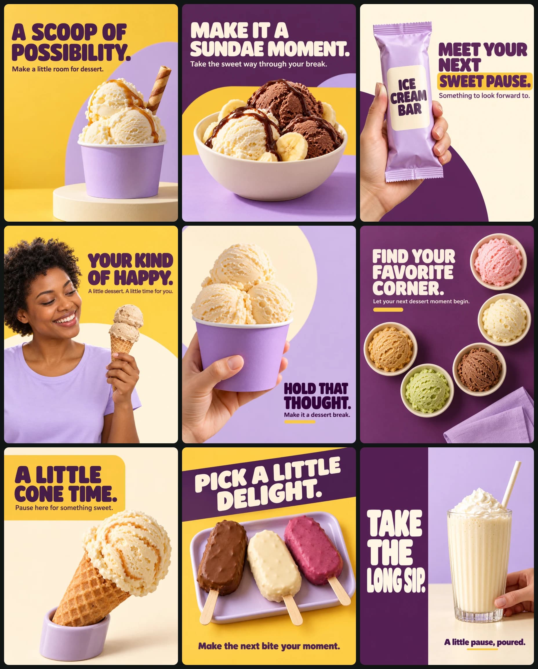 AI image: Create a coordinated nine-image ice-cream and frozen-dessert social media campaign.

CREATIVE OBJECT
