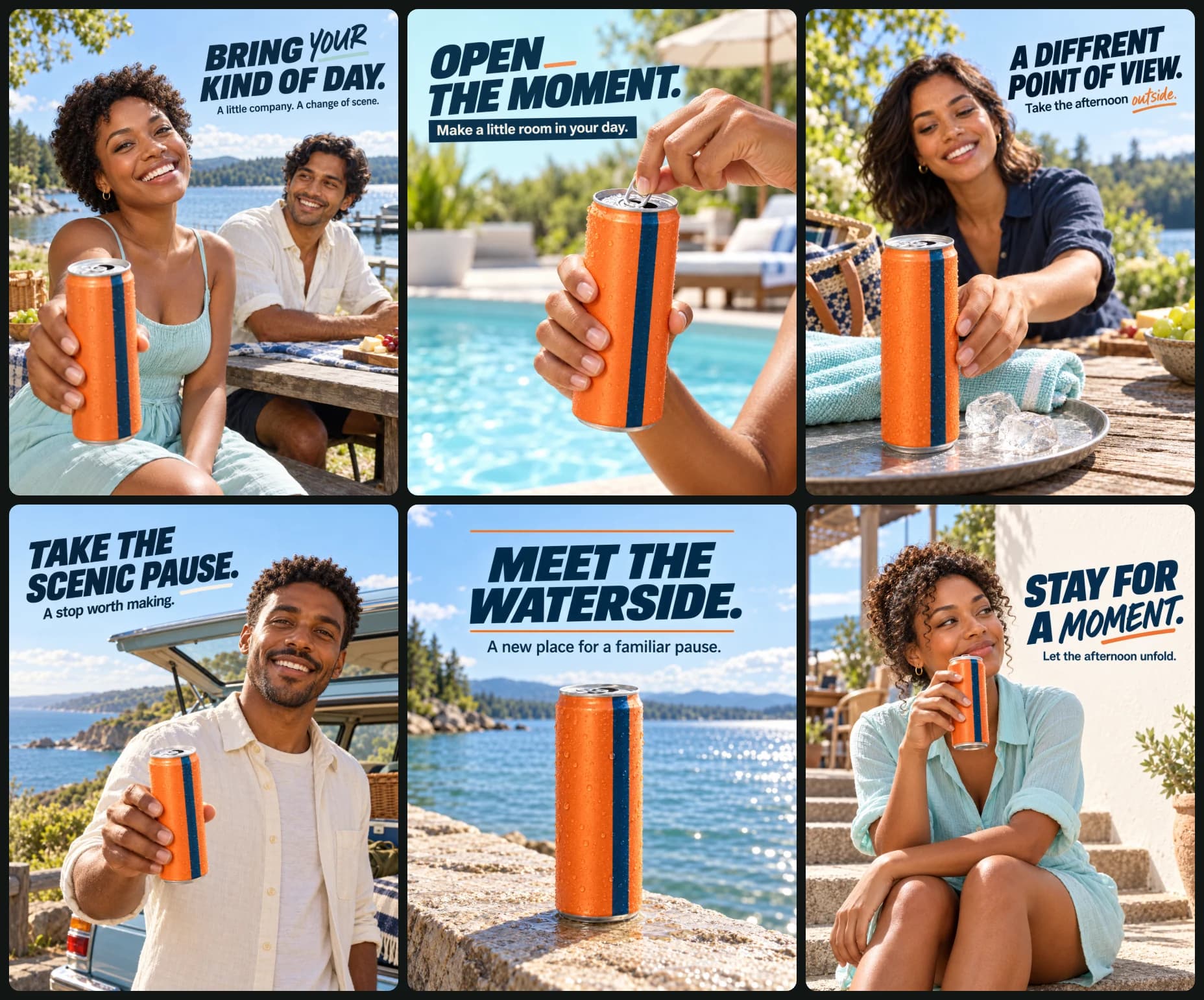 AI image: Create a coordinated six-image canned-beverage lifestyle campaign.

CREATIVE OBJECTIVE
Preserve the 