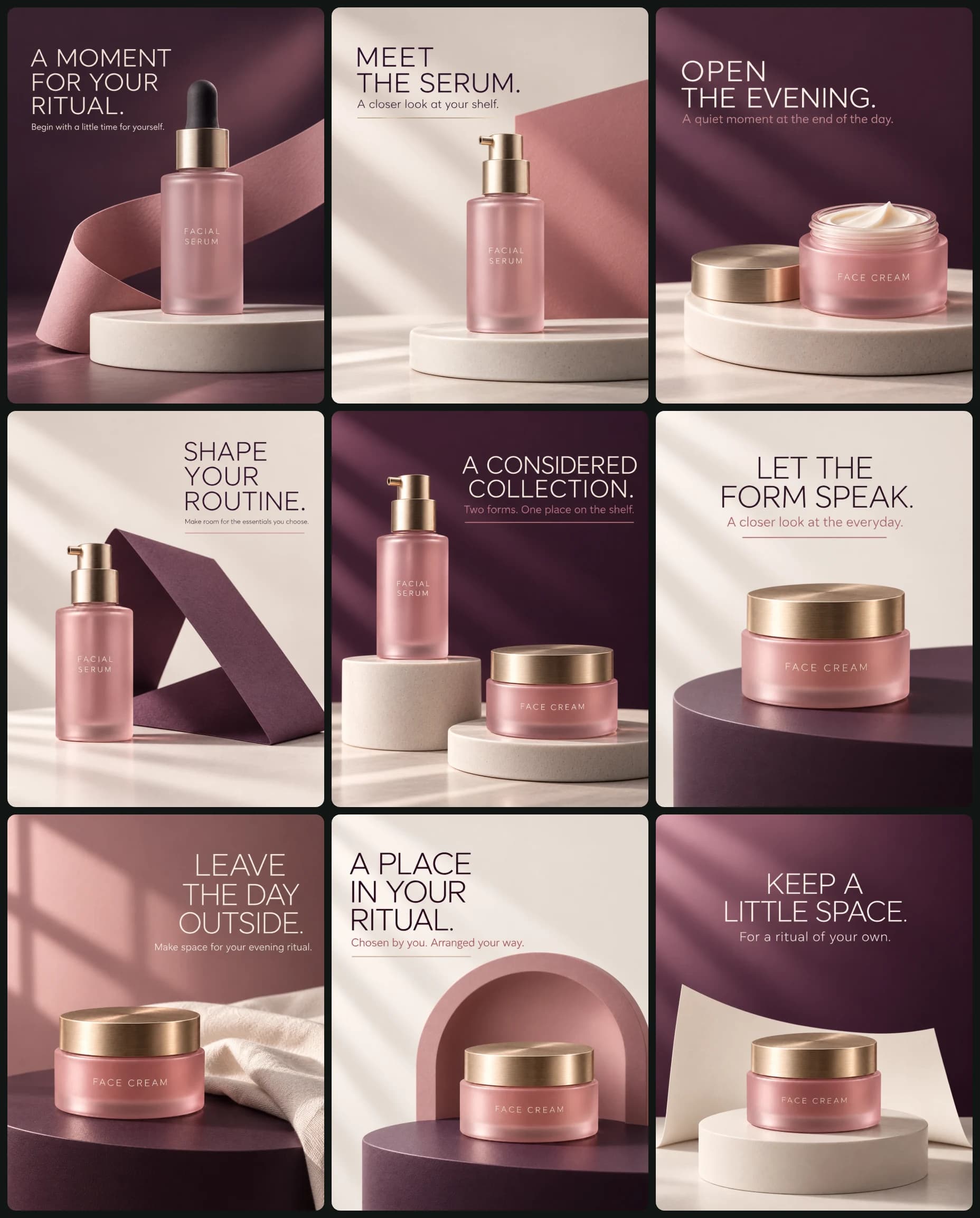 AI image: Create a coordinated nine-image skincare social media campaign.

CREATIVE OBJECTIVE
Preserve the ref