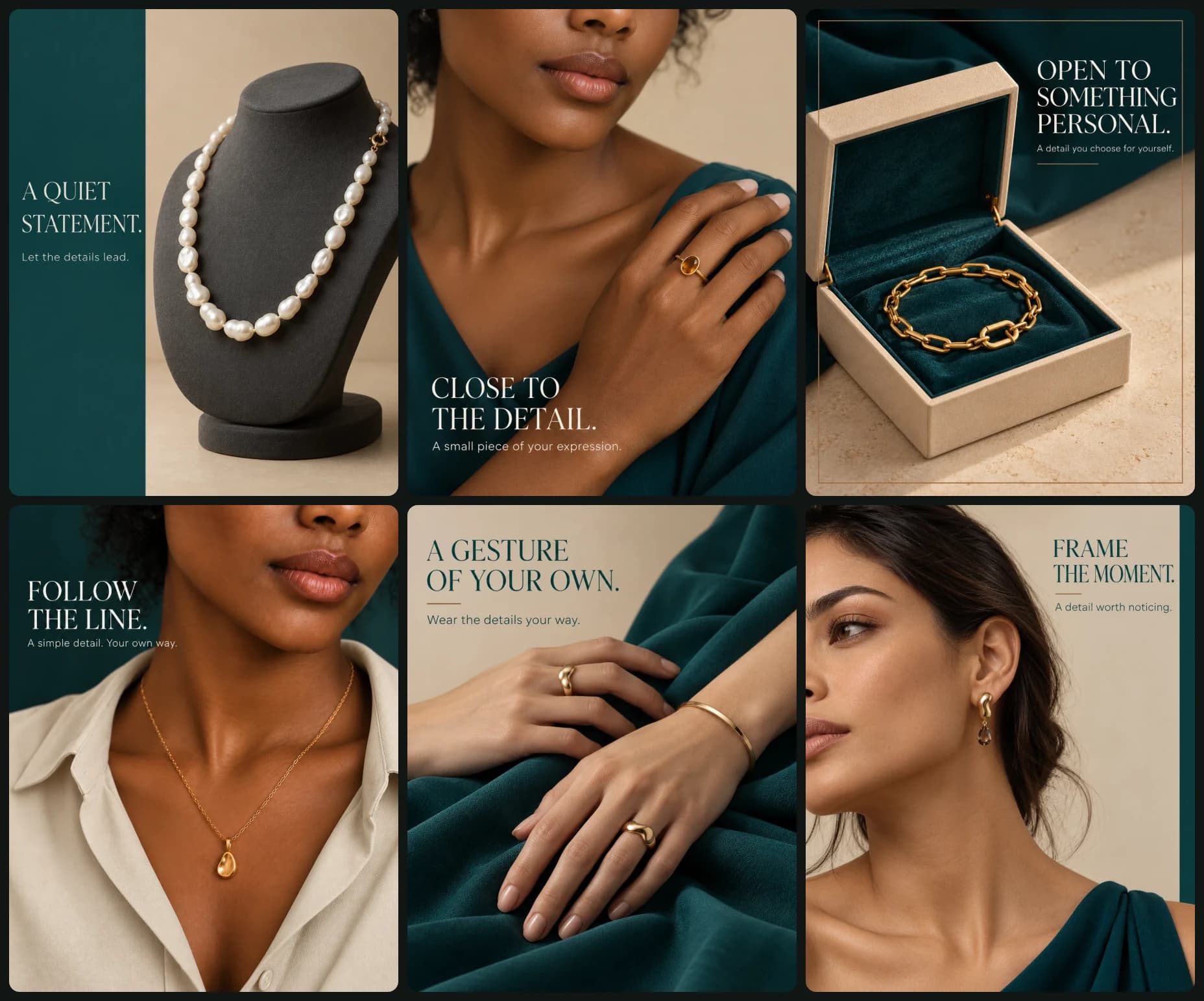 AI image: Create a coordinated seven-composition jewelry campaign.

CREATIVE OBJECTIVE
Preserve the reference’