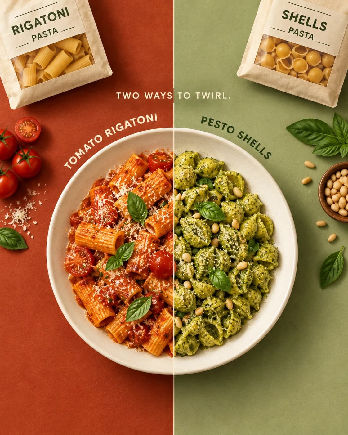 Two Ways Pasta Food Ad, AI image made from the prompt