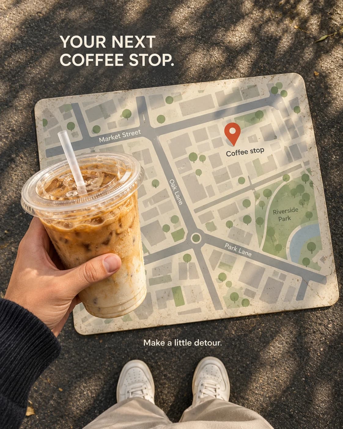 Iced Coffee Map Ad, AI image made from the prompt