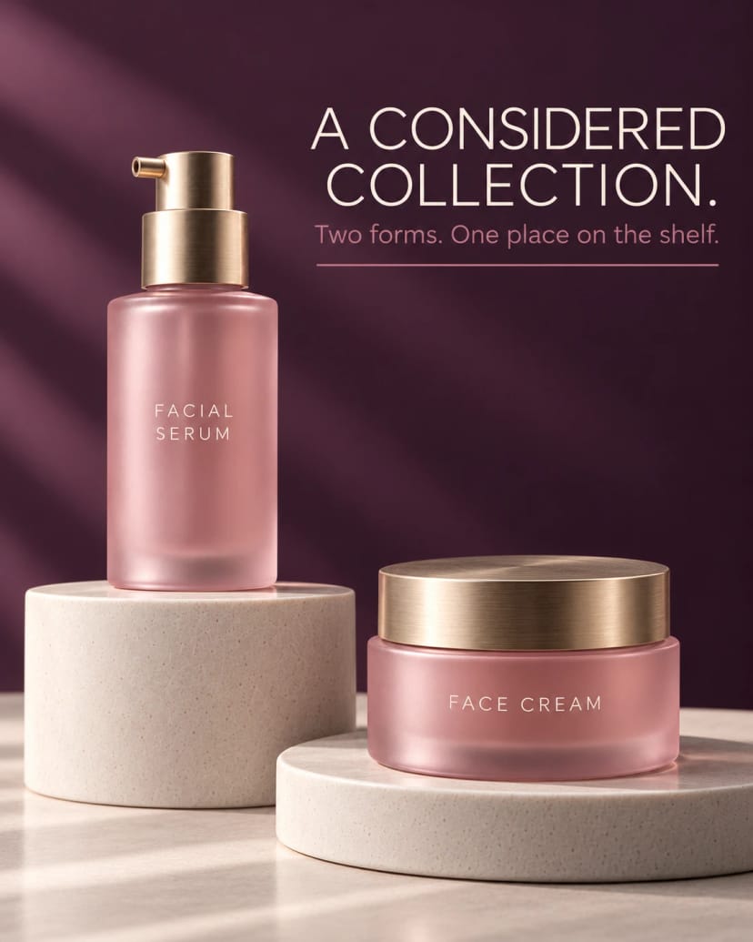 Dusty rose skincare duo on porcelain blocks