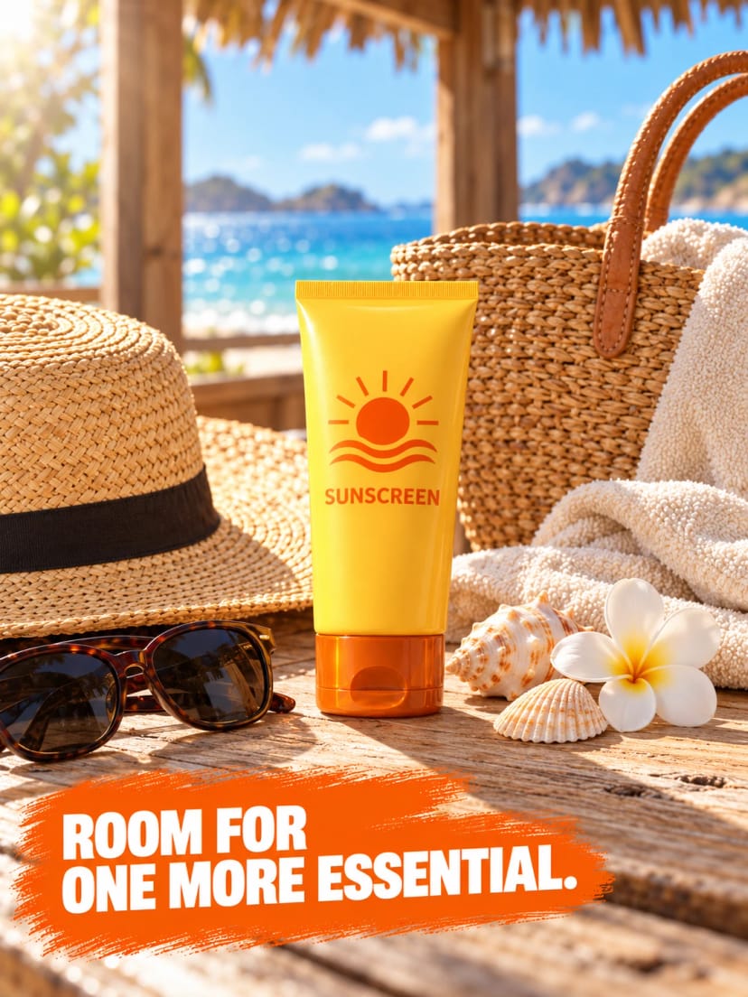 Golden sunscreen still life by the sea