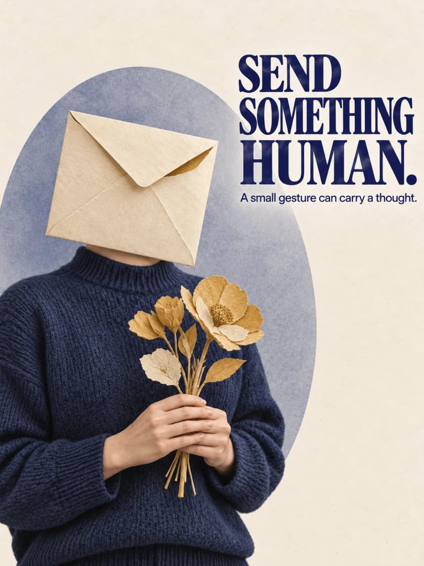 Indigo envelope headed figure with paper flowers