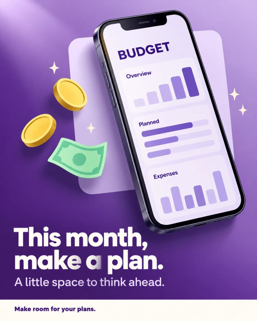 Lavender budgeting app with tilted smartphone