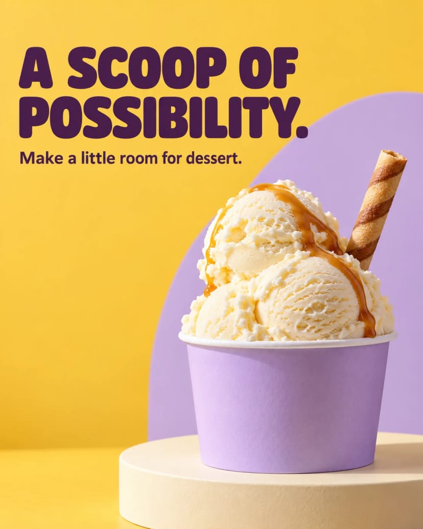 Lilac cup, mango backdrop, vanilla scoop