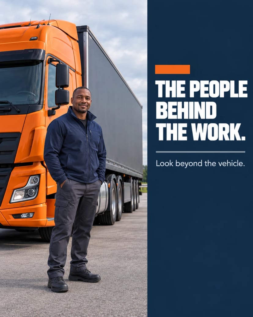 Logistics worker beside orange truck