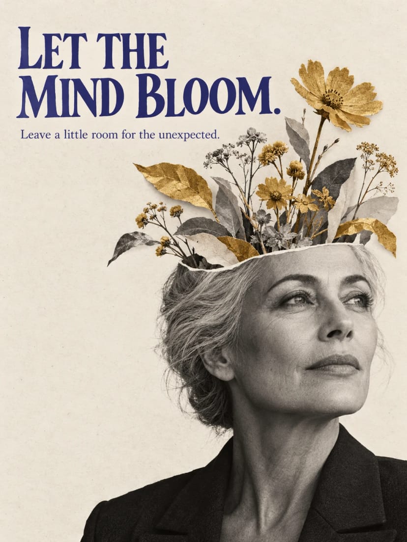 Silver haired woman with blooming thoughts