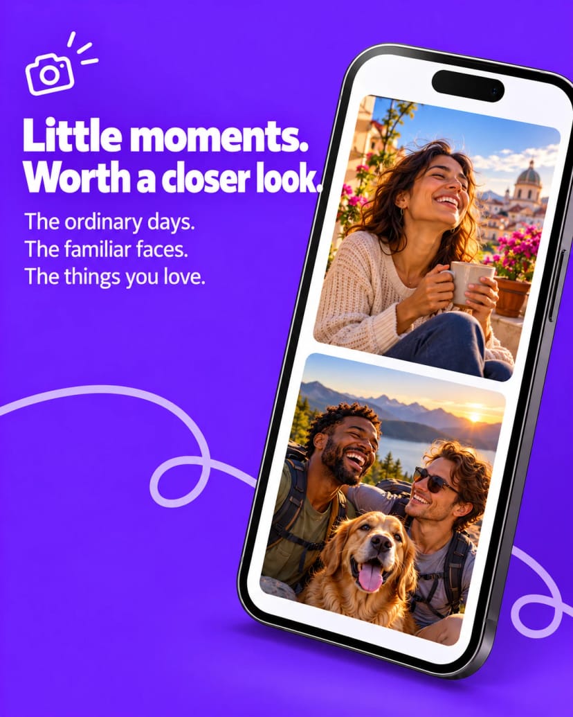 Violet smartphone showcasing everyday moments