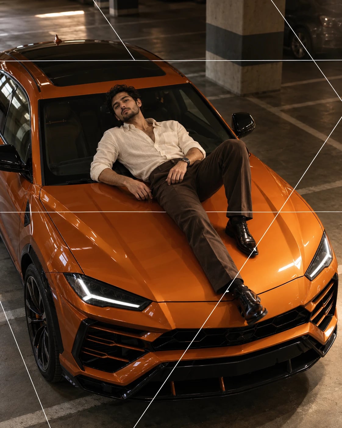 Guy Chilling on Orange Lamborghini, AI image made from the prompt