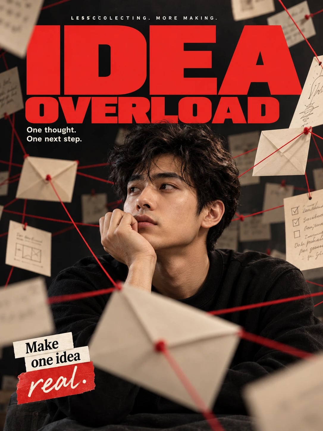 Overthinker Magazine Cover with Red Strings, AI image made from the prompt