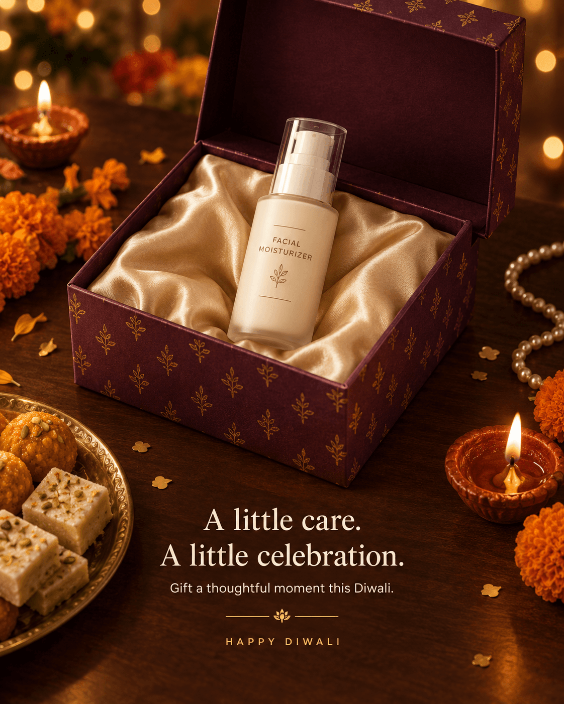 Diwali Skincare Gift Box Ad, AI image made from the prompt