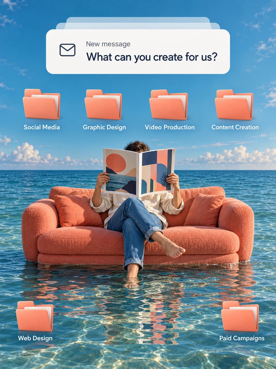 Floating Sofa Creative Agency Ad, AI image made from the prompt