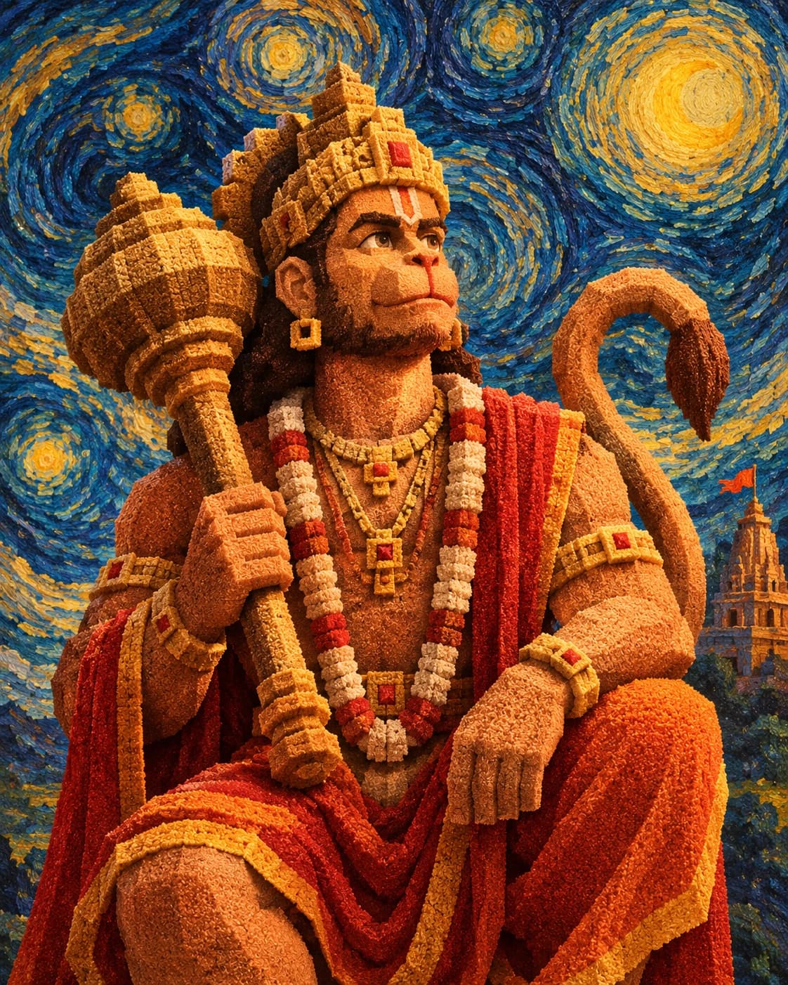 Voxel Hanuman Starry Night Art, AI image made from the prompt