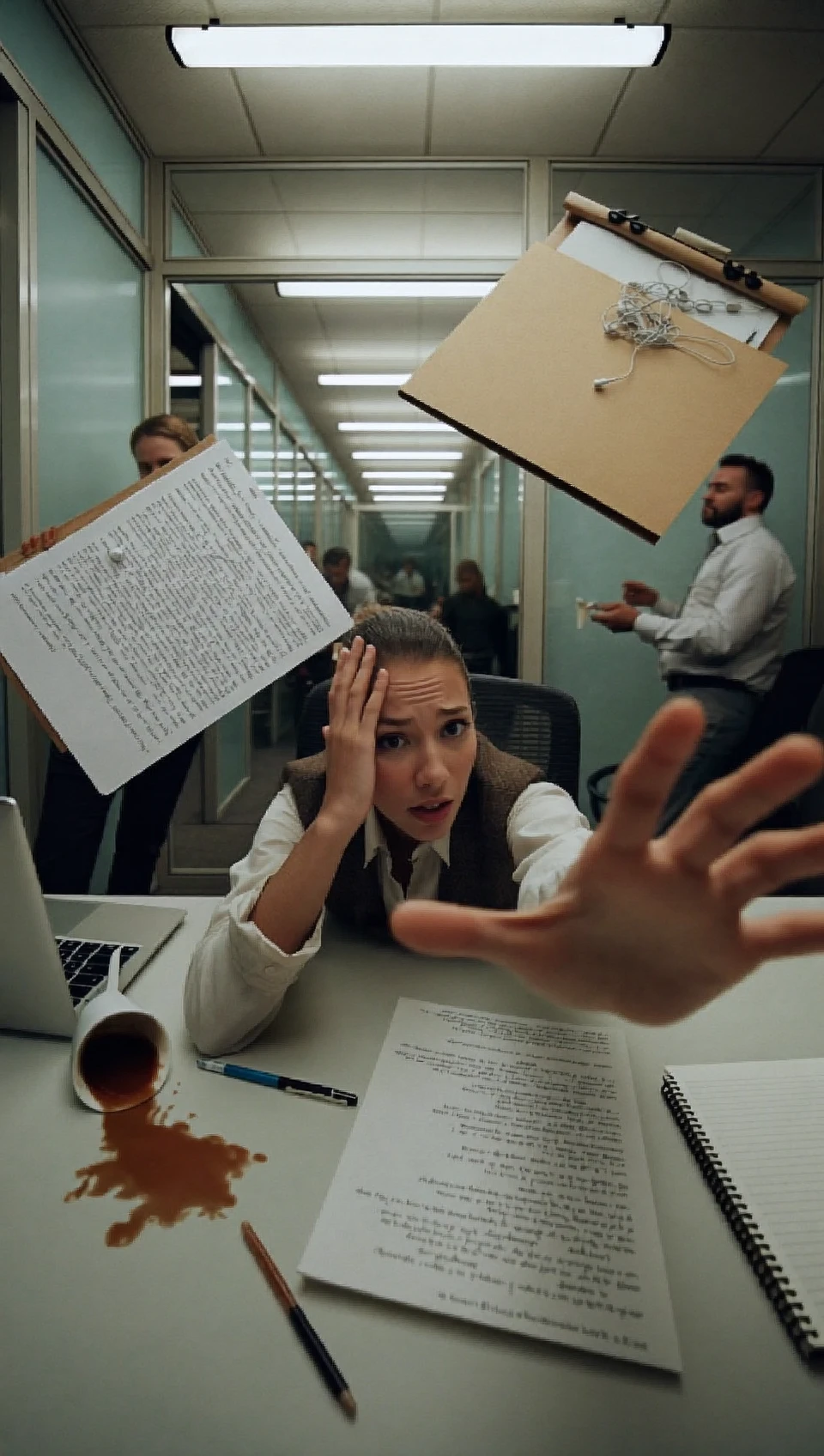 Office Chaos Falling Papers Shot